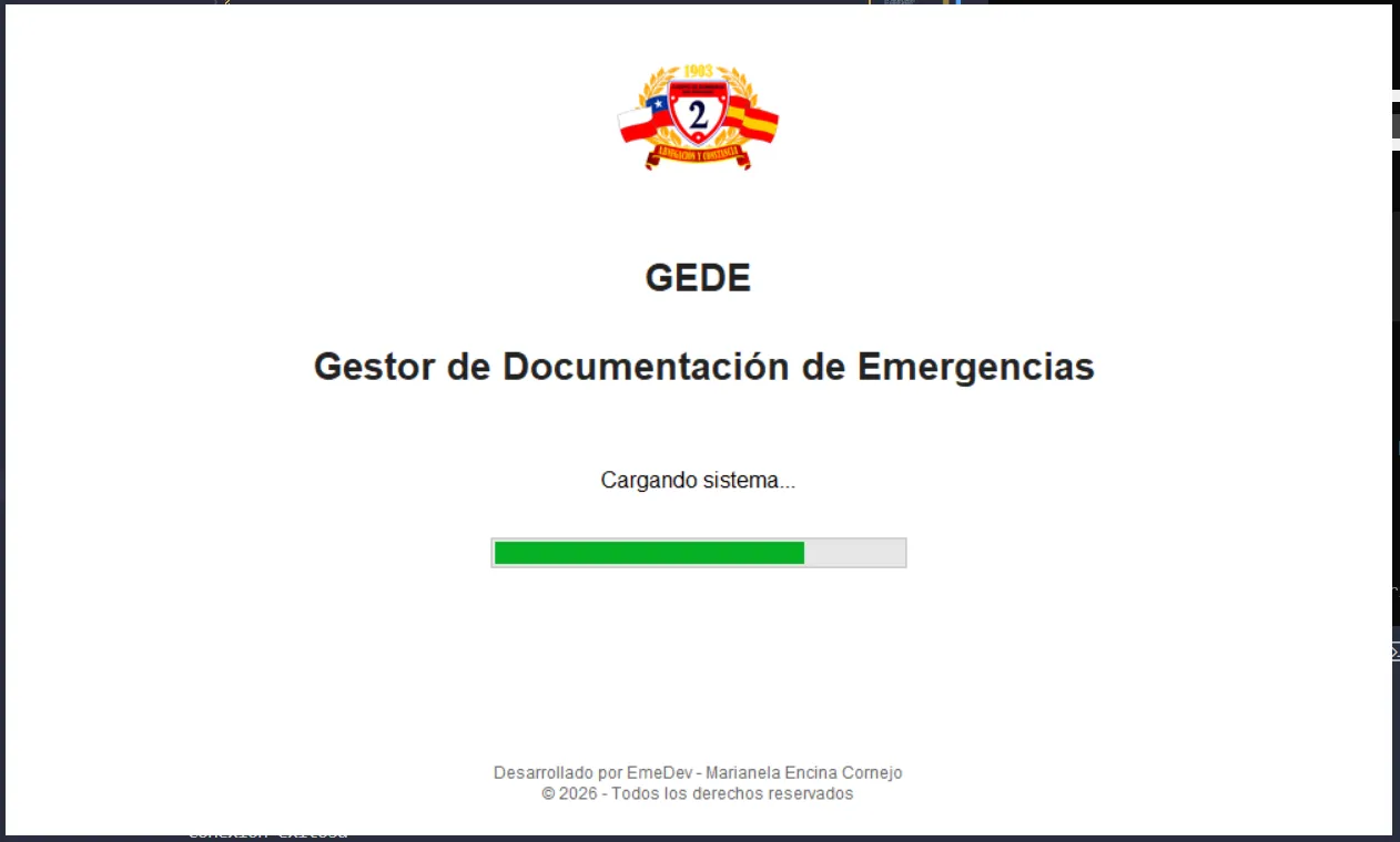 Pantalla de carga de GEDE con el logo de la compañía de bomberos