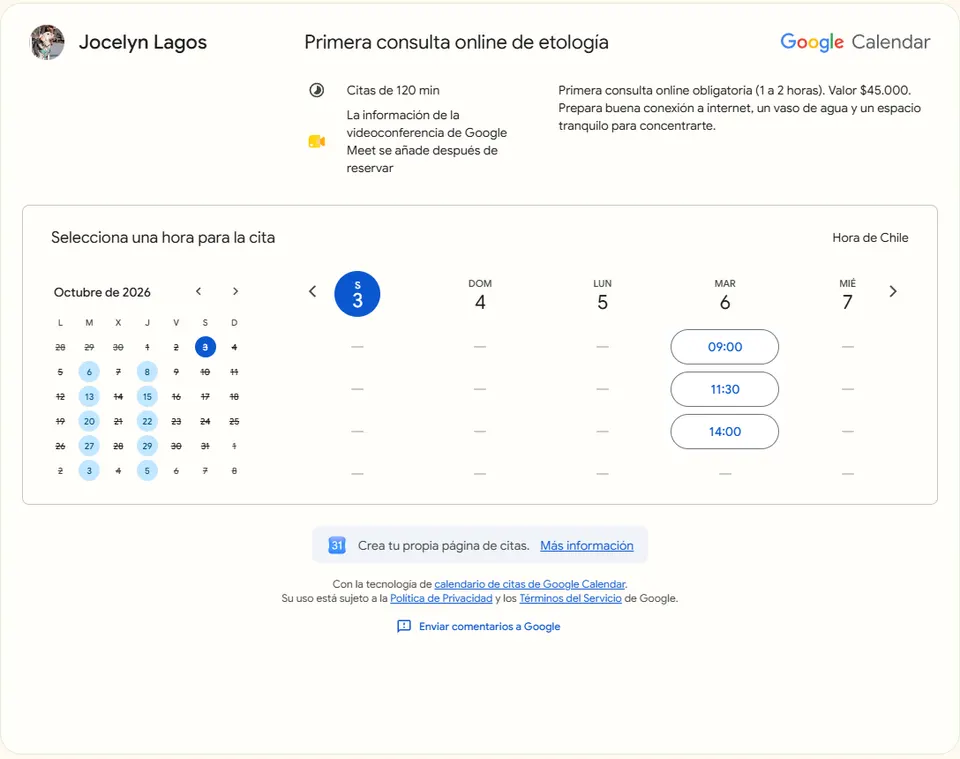 Agenda online con calendario y horarios disponibles para reservar la primera consulta