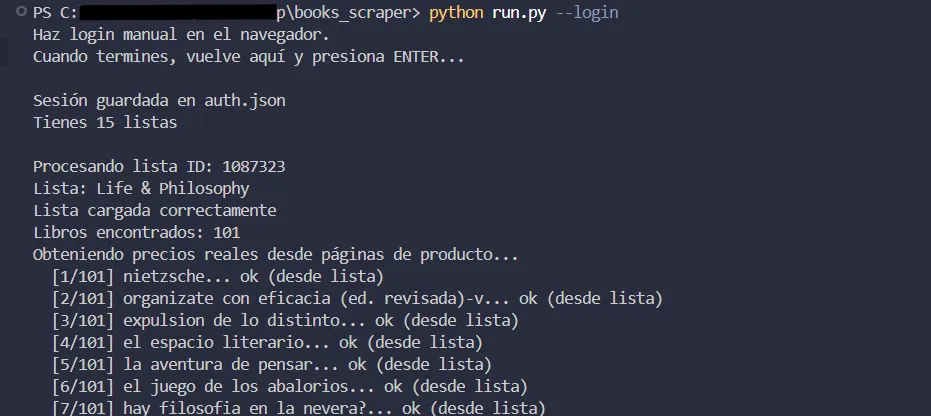 Terminal ejecutando el scraper